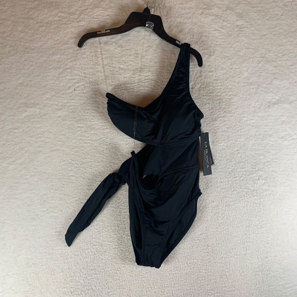 La Blanca Women's One Shoulder Wrap Tie Cutout Black One-Piece Swimsuit Sz 4 NWT